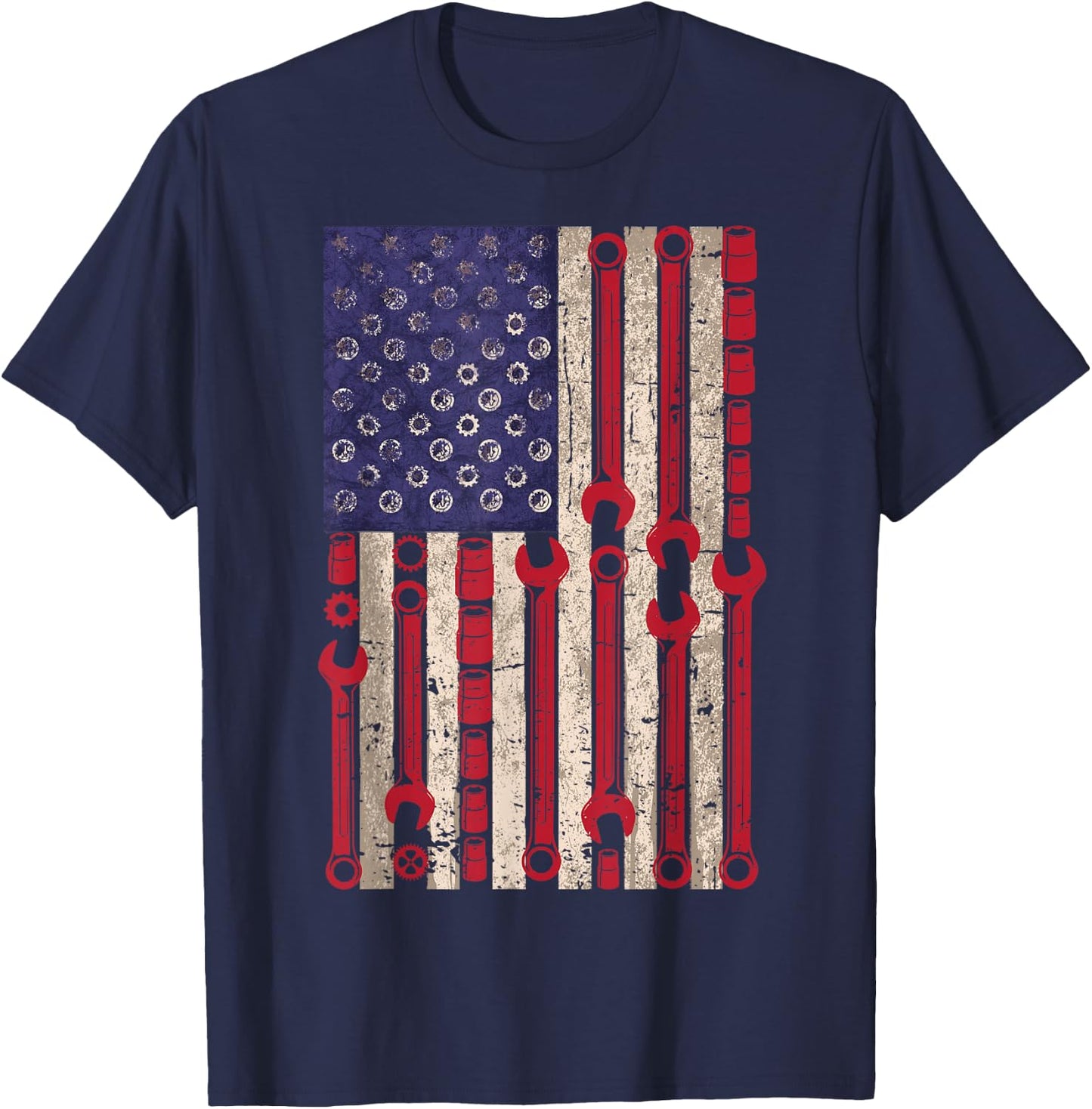 USA Flag Wrench Tools 4th of July Patriotic Mechanic T-Shirt - T-Shirt | Navy