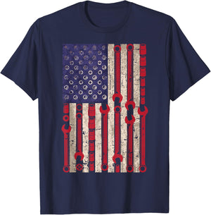 USA Flag Wrench Tools 4th of July Patriotic Mechanic T-Shirt - T-Shirt | Navy