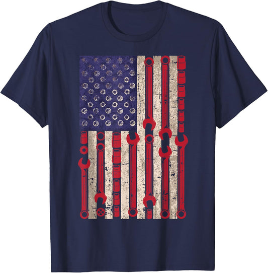USA Flag Wrench Tools 4th of July Patriotic Mechanic T-Shirt - T-Shirt | Navy