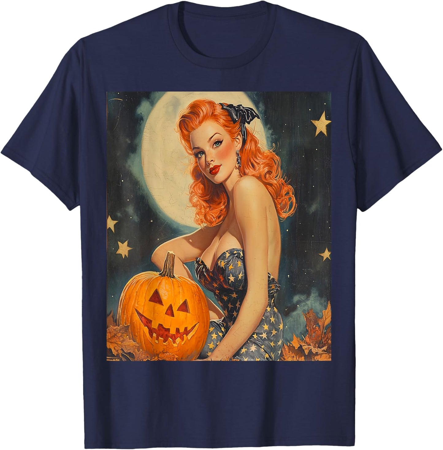 Retro Vintage Pumpkin Halloween Pinup Girl Model Posing Art T-Shirt - T-Shirt | Navy