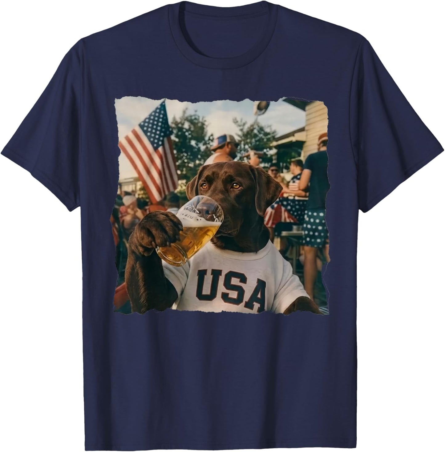 Funny Patriotic Chocolate Lab Drinking Beer 4th of July T-Shirt - T-Shirt | Navy