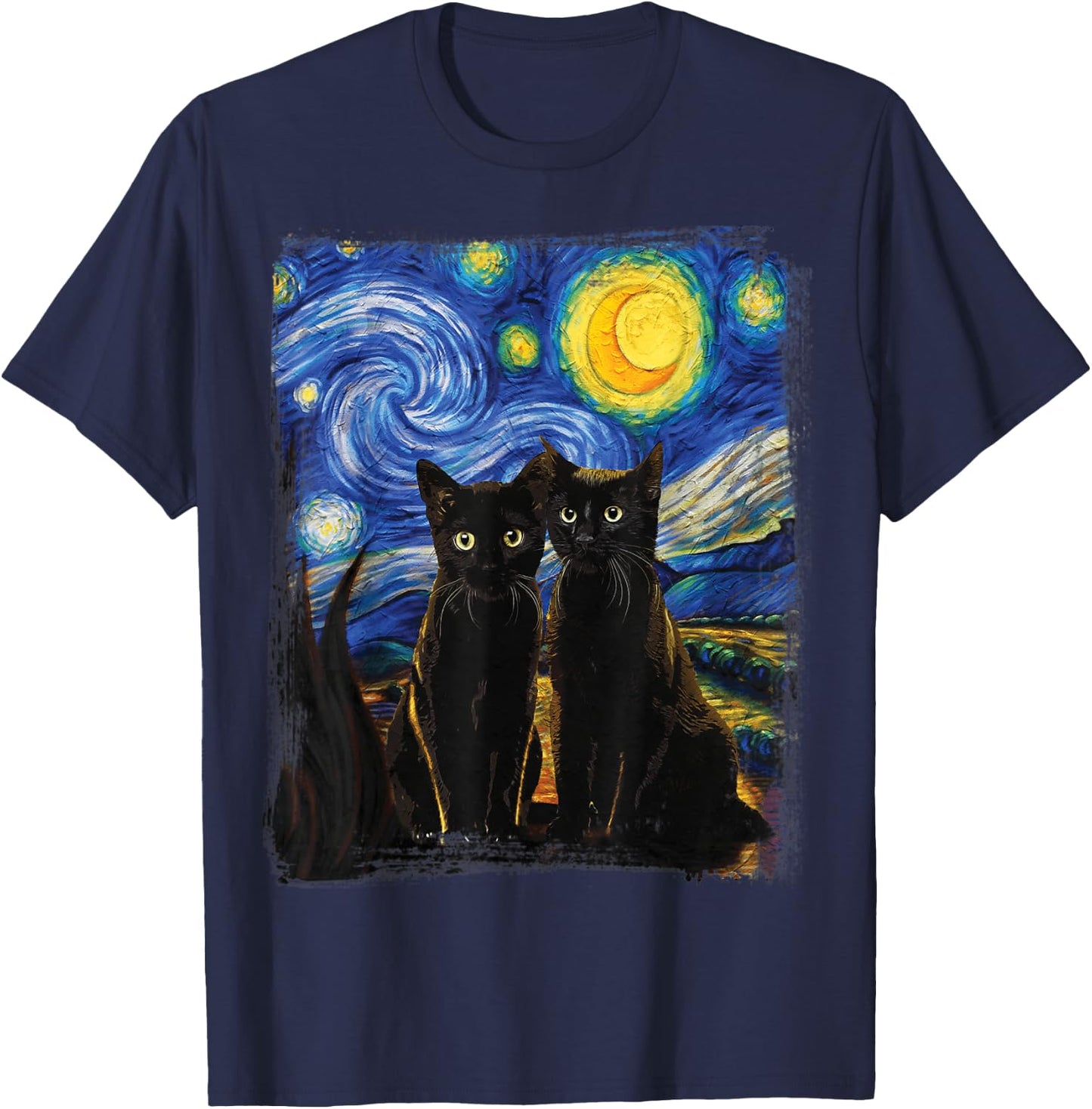 Starry Night Vincent Van Gogh Famous Painting Black Cats T-Shirt - T-Shirt | Navy