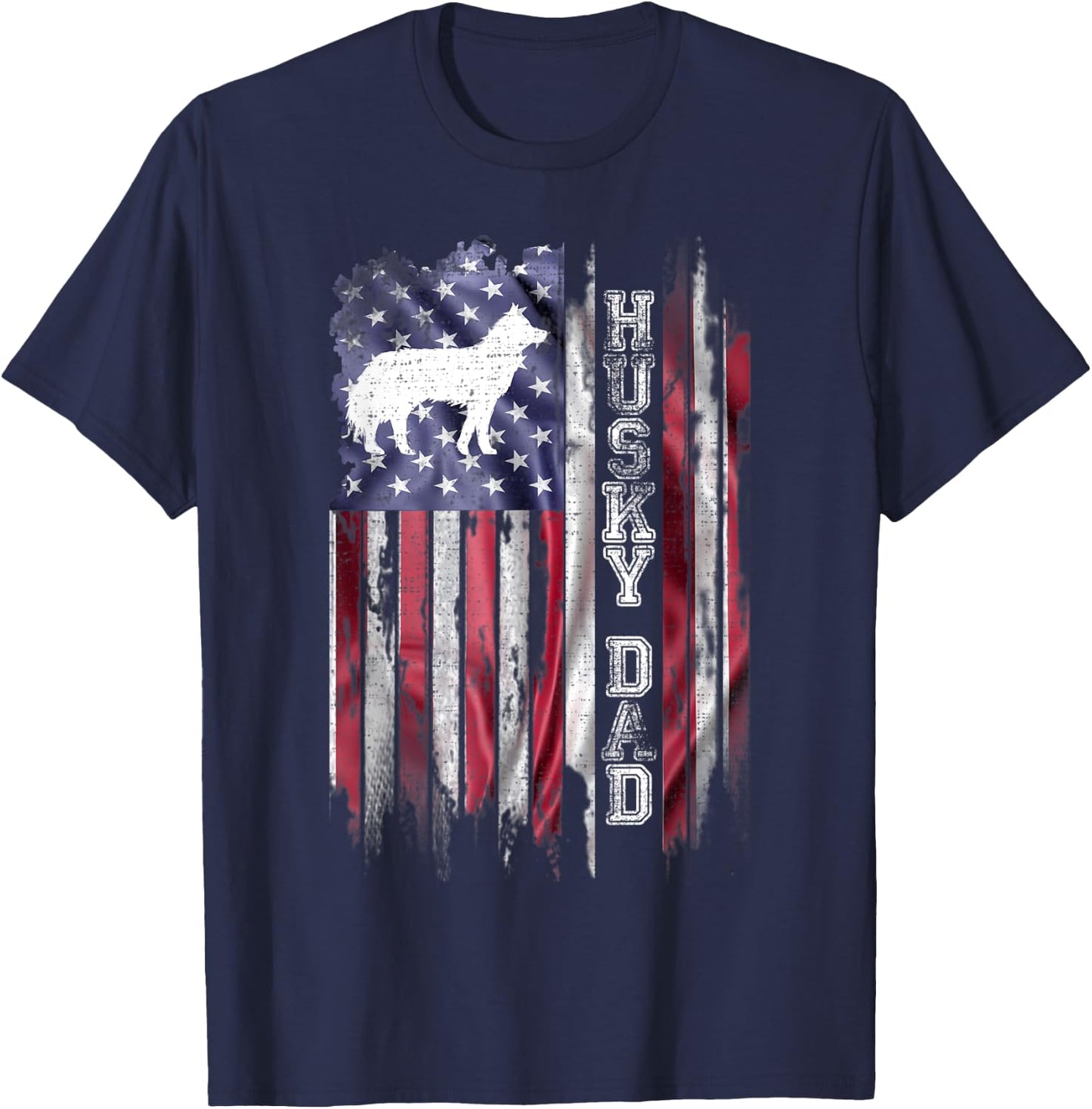 Vintage USA Flag Proud Siberian Husky Dog Dad Silhouette T-Shirt - T-Shirt | Navy