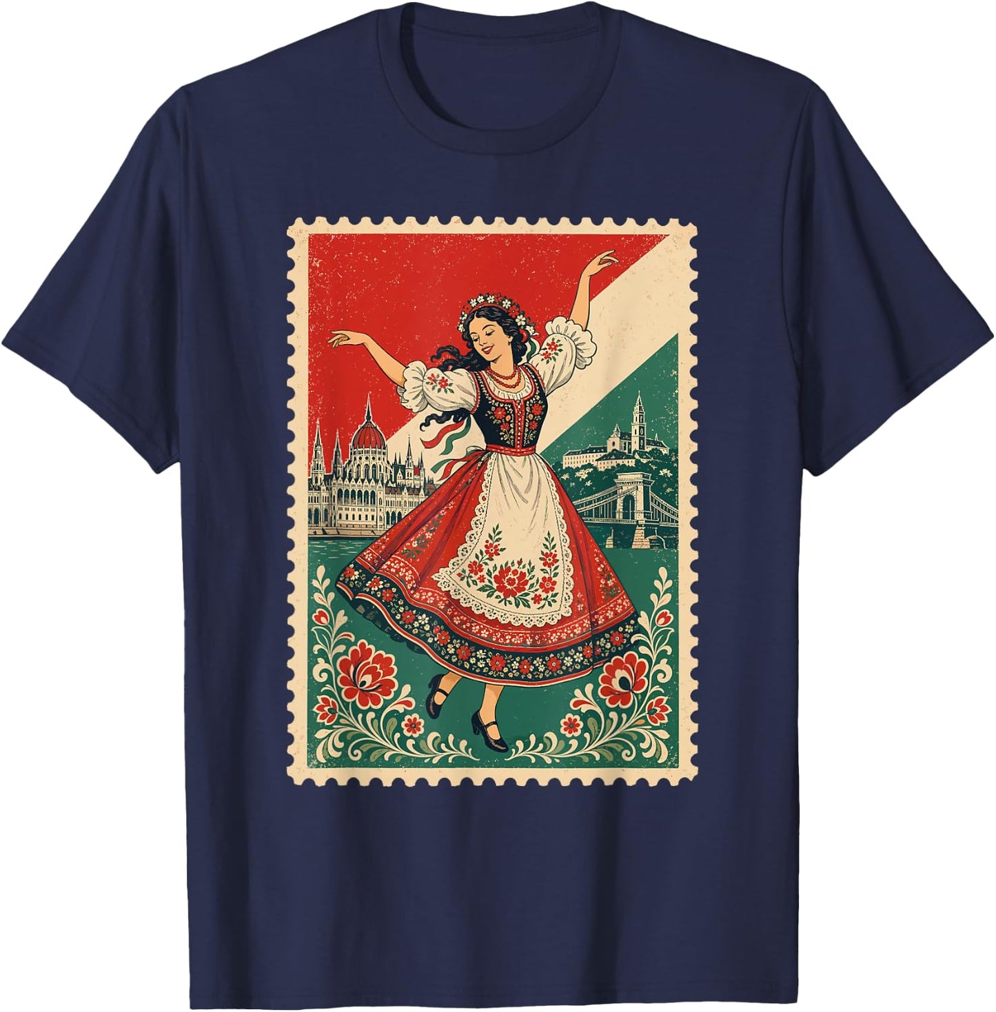 Vintage Hungary Flag Stamp Hungarian Folk Dancer Design T-Shirt - T-Shirt | Navy