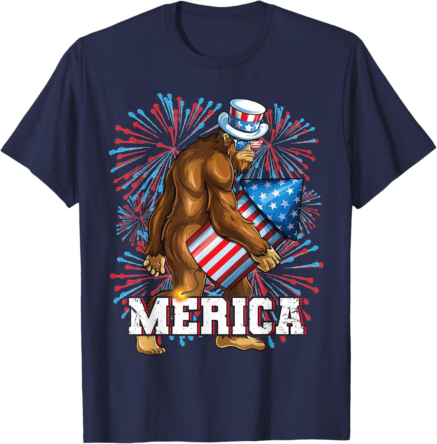 Bigfoot Fireworks 4th of July Boys Men Merica T-Shirt - T-Shirt | Navy