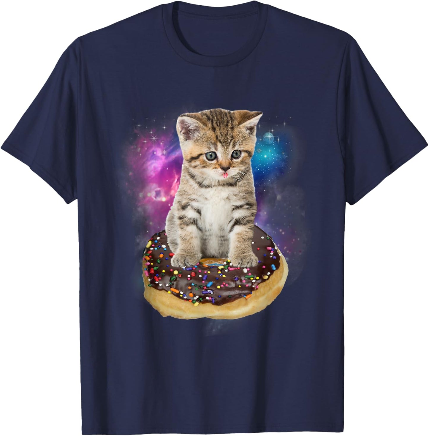 Space Donut Cat Shirt | Flying Kitty Galaxy T Shirt Men Women Kids T-Shirt - T-Shirt | Navy