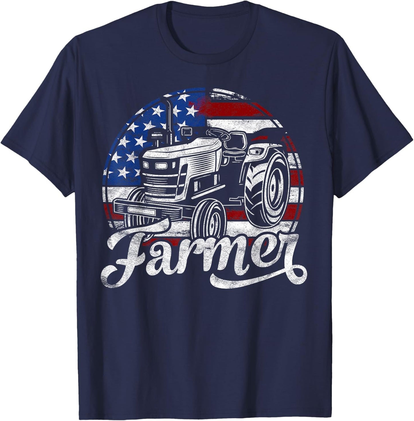 Farmer American Flag Farming Gift Tractor Usa Patriotic Women Kids Men T-Shirt - T-Shirt | Navy