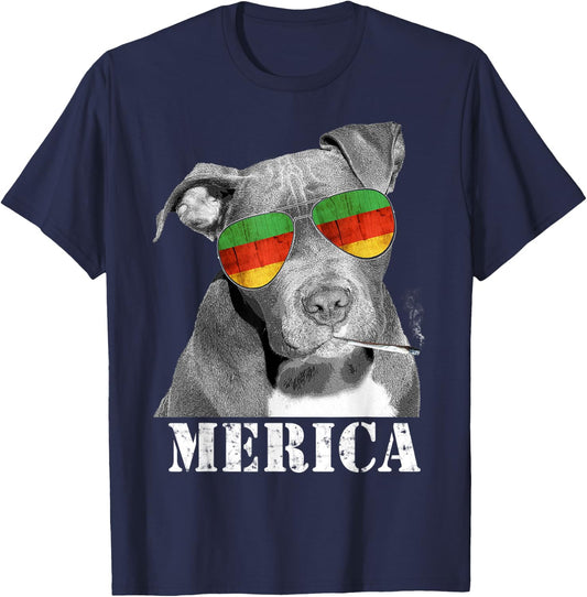 Pot Leaf Marijuana Weed Pitbull Funny Dog Smoking T-Shirt - T-Shirt | Navy