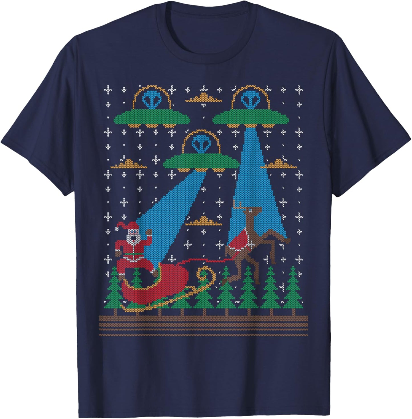 Santa Claus Alien Invasion Space UFO Ugly Christmas Sweater T-Shirt - T-Shirt | Navy