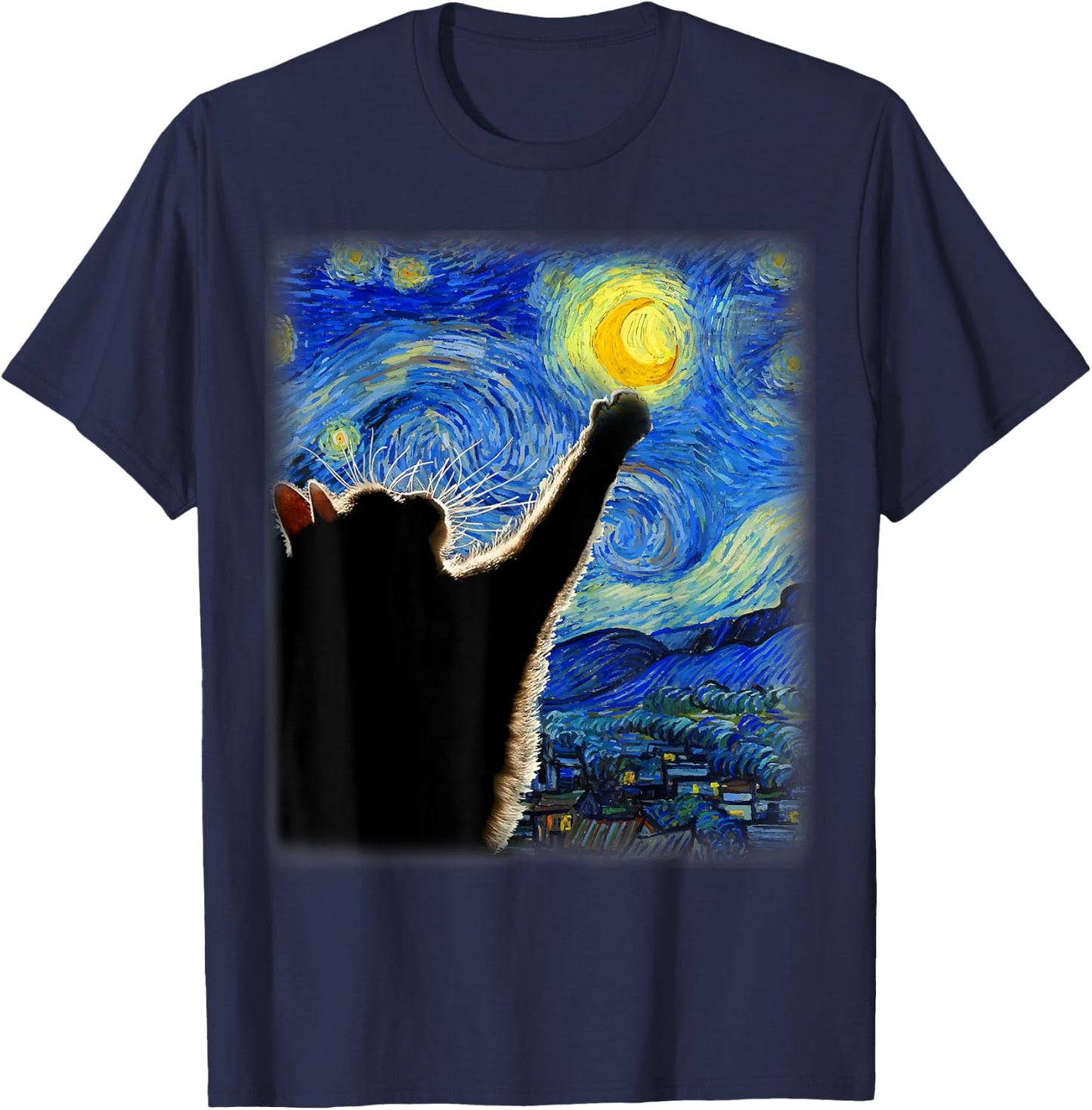 Van Gogh Starry Night Cat - Classic Fit, Cat Lover/Mom/Dad Gift, Black T-Shirt - T-Shirt | Navy