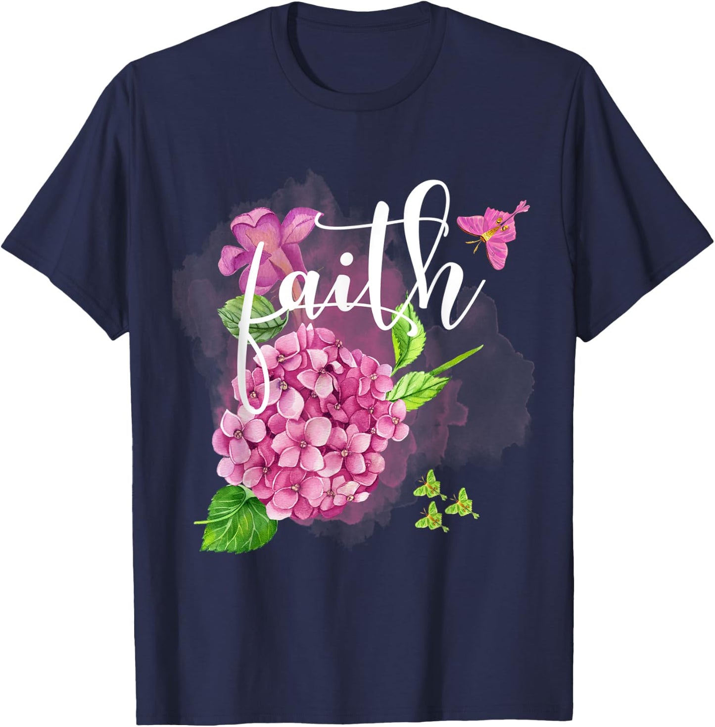 Faith Floral Pretty Hydrangea With Butterfly's Christian T-Shirt - T-Shirt | Navy