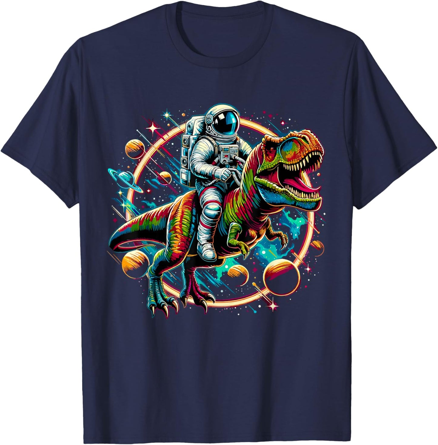 Astronaut Riding T-Rex Dinosaur Astro T-Rex Space T-Shirt - T-Shirt | Navy
