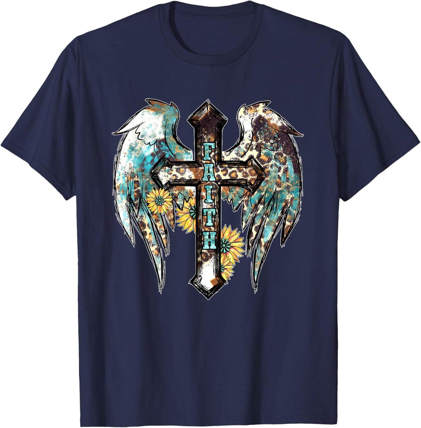 Christian Western Cross With Sunflower Decor Faith T-Shirt - T-Shirt | Navy