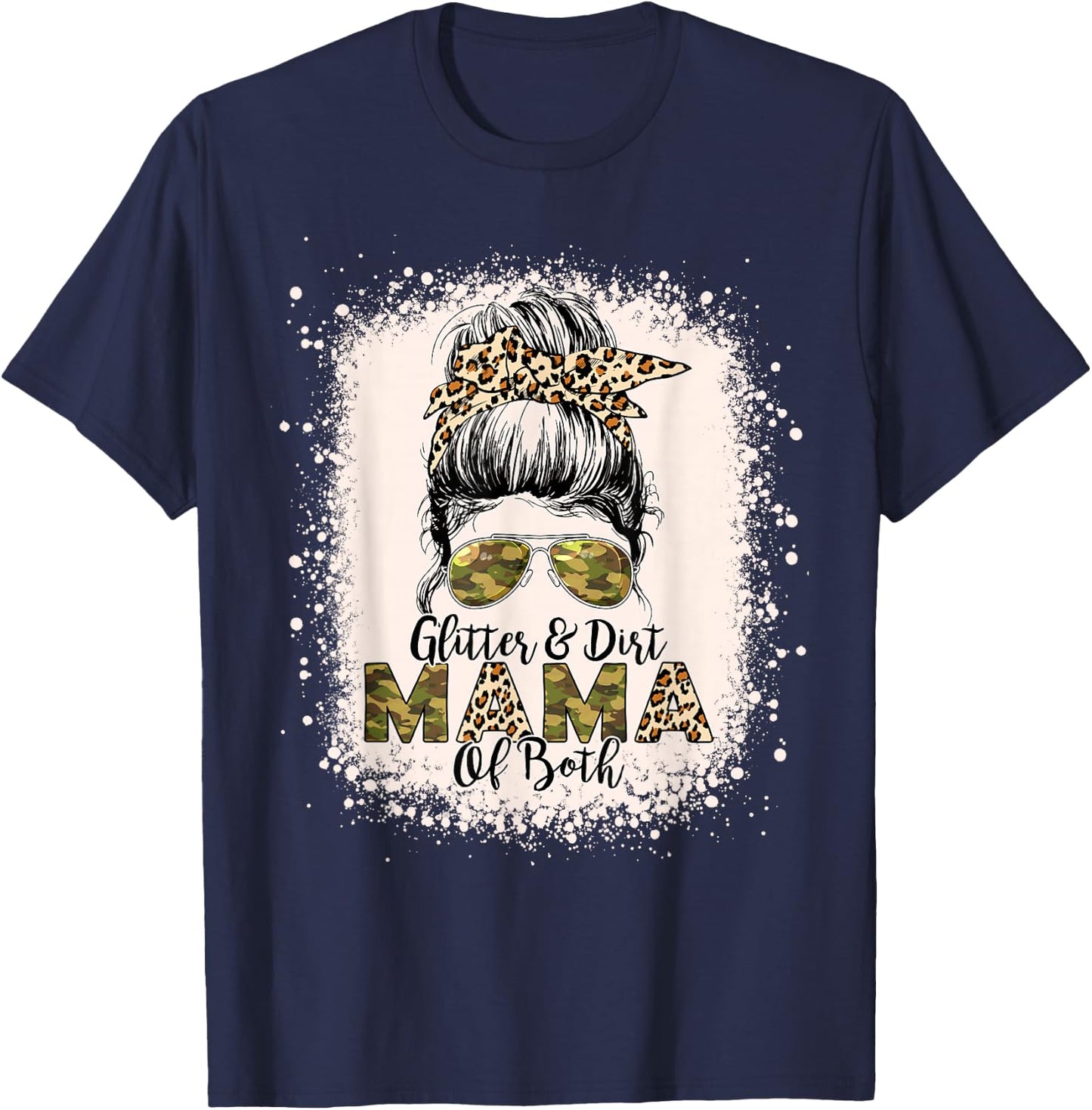 Glitter & Dirt Mama of Both Leopard Camo Messy Bun Bleached T-Shirt - T-Shirt | Navy