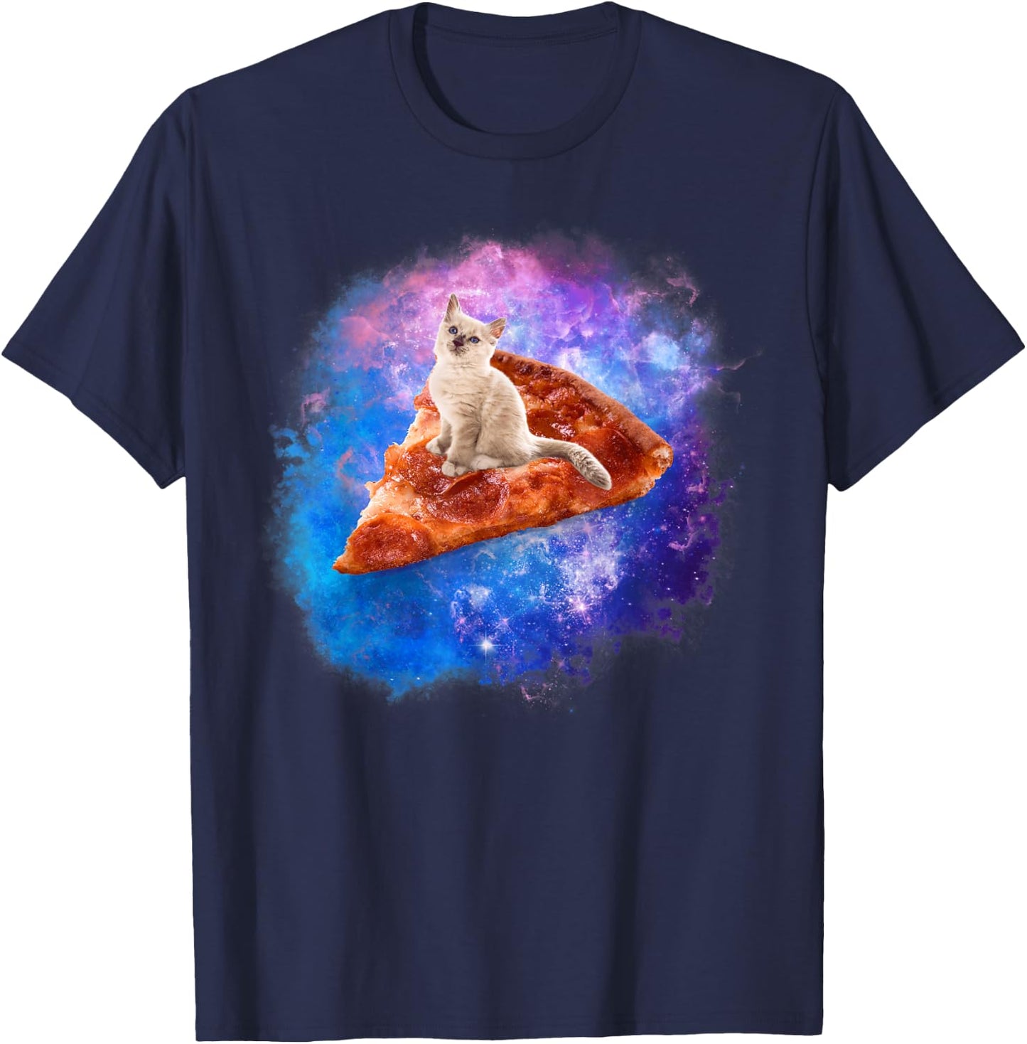 Galaxy Cat Riding A Pizza Men Women Kids T-Shirt - T-Shirt | Navy