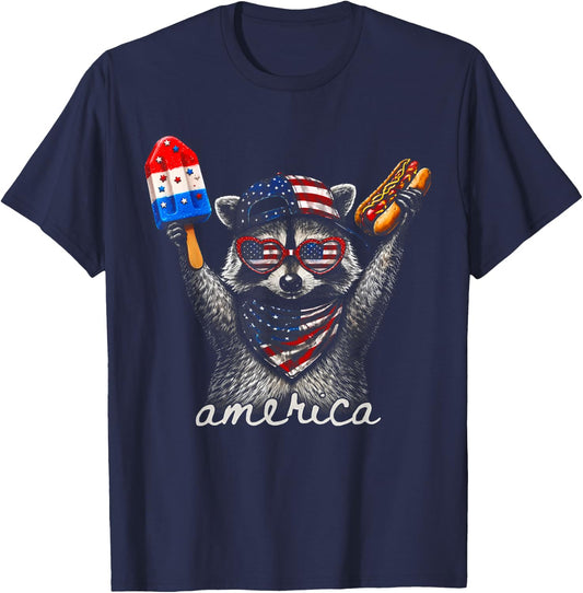 America Raccoon Ice Cream & Hot Dog 1776-2026 4th of July T-Shirt - T-Shirt | Navy