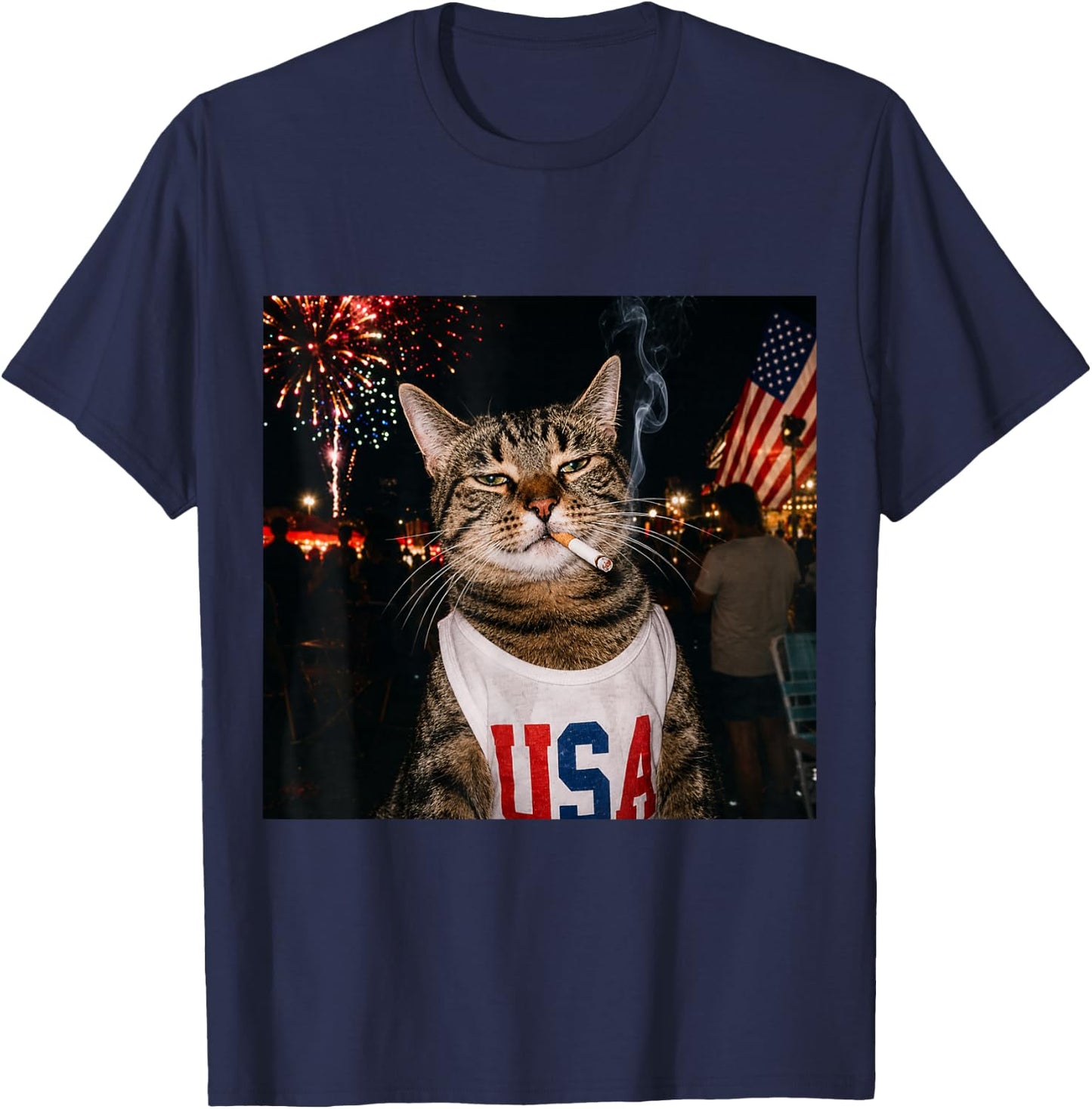 Funny Patriotic Smoking Cat Meme Vintage 4th of July 250 T-Shirt - T-Shirt | Navy