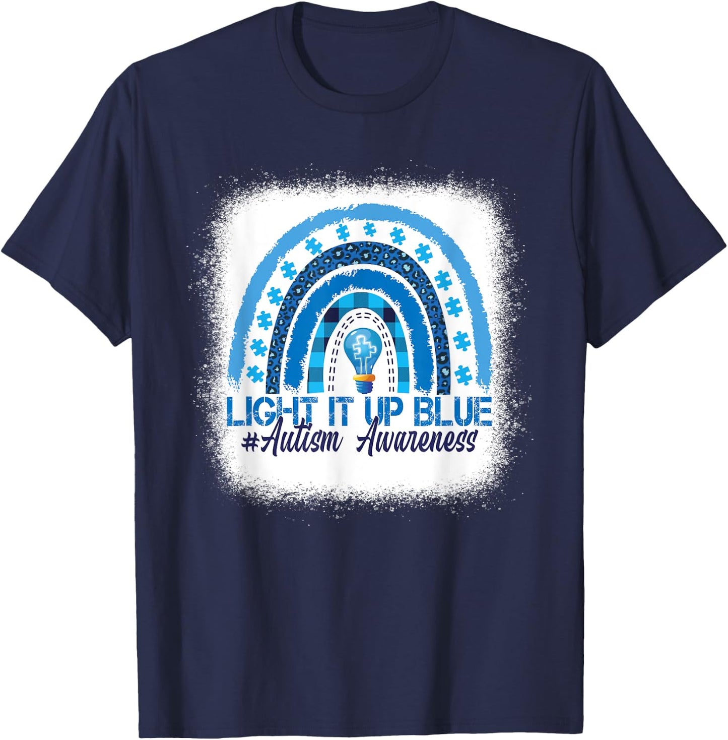 Light It Up Blue Rainbow Bleached Autism Awareness T-Shirt - T-Shirt | Navy