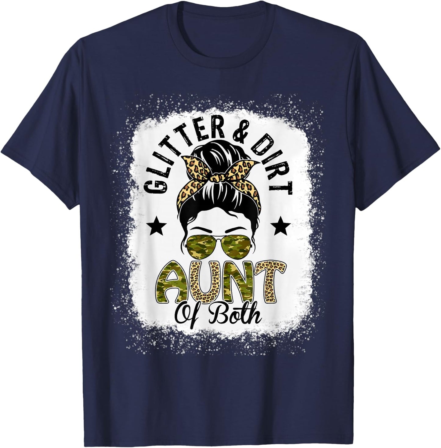 Aunt Of Both Messy Bun Leopard Camo Bleached Mother's Day T-Shirt - T-Shirt | Navy