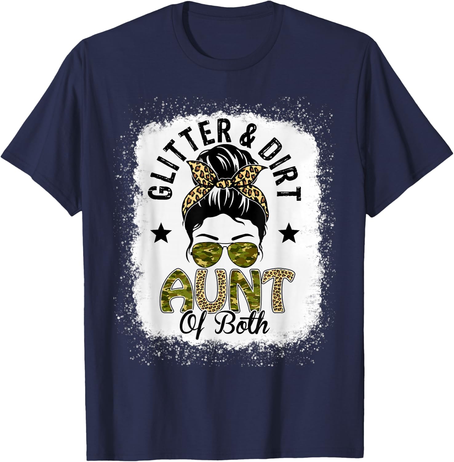 Aunt Of Both Messy Bun Leopard Camo Bleached Mother's Day T-Shirt - T-Shirt | Navy