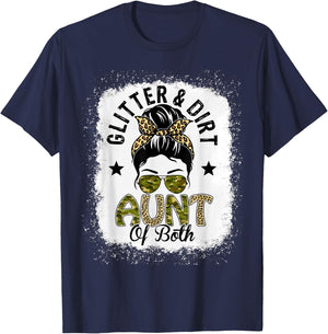 Aunt Of Both Messy Bun Leopard Camo Bleached Mother's Day T-Shirt - T-Shirt | Navy