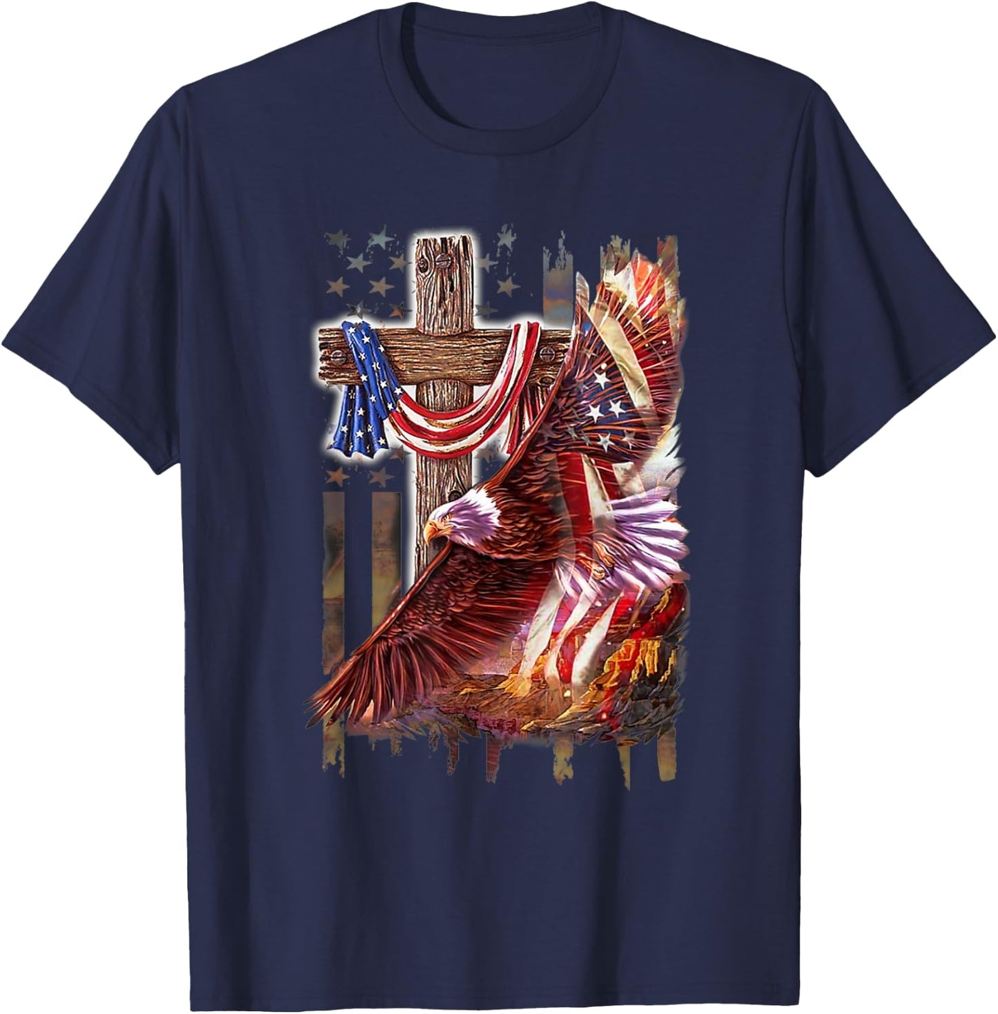 Cross Christian Jesus Eagle Flag American T-Shirt - T-Shirt | Navy