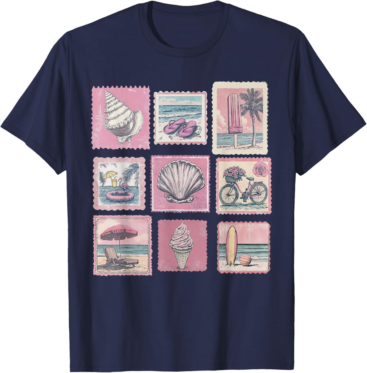 Vintage Pink Coastal Beach Summer Vacation Stamps Sea Lovers T-Shirt - T-Shirt | Navy