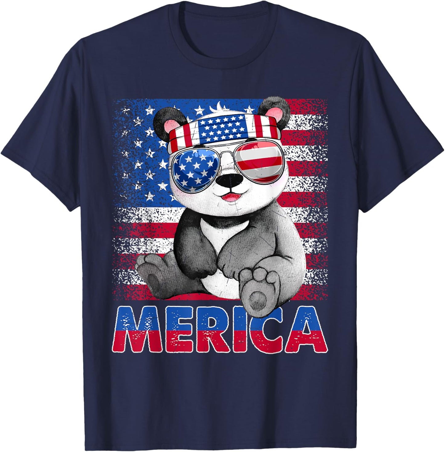 Funny Merica Panda Bear With USA Flag Headband 4th Of July Women Kids Men T-Shirt - T-Shirt | Navy