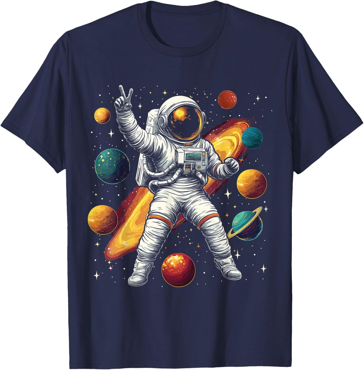 Astronaut Peace Sign Outer Space Cosmic Galaxy Adventure Boy T-Shirt - T-Shirt | Navy