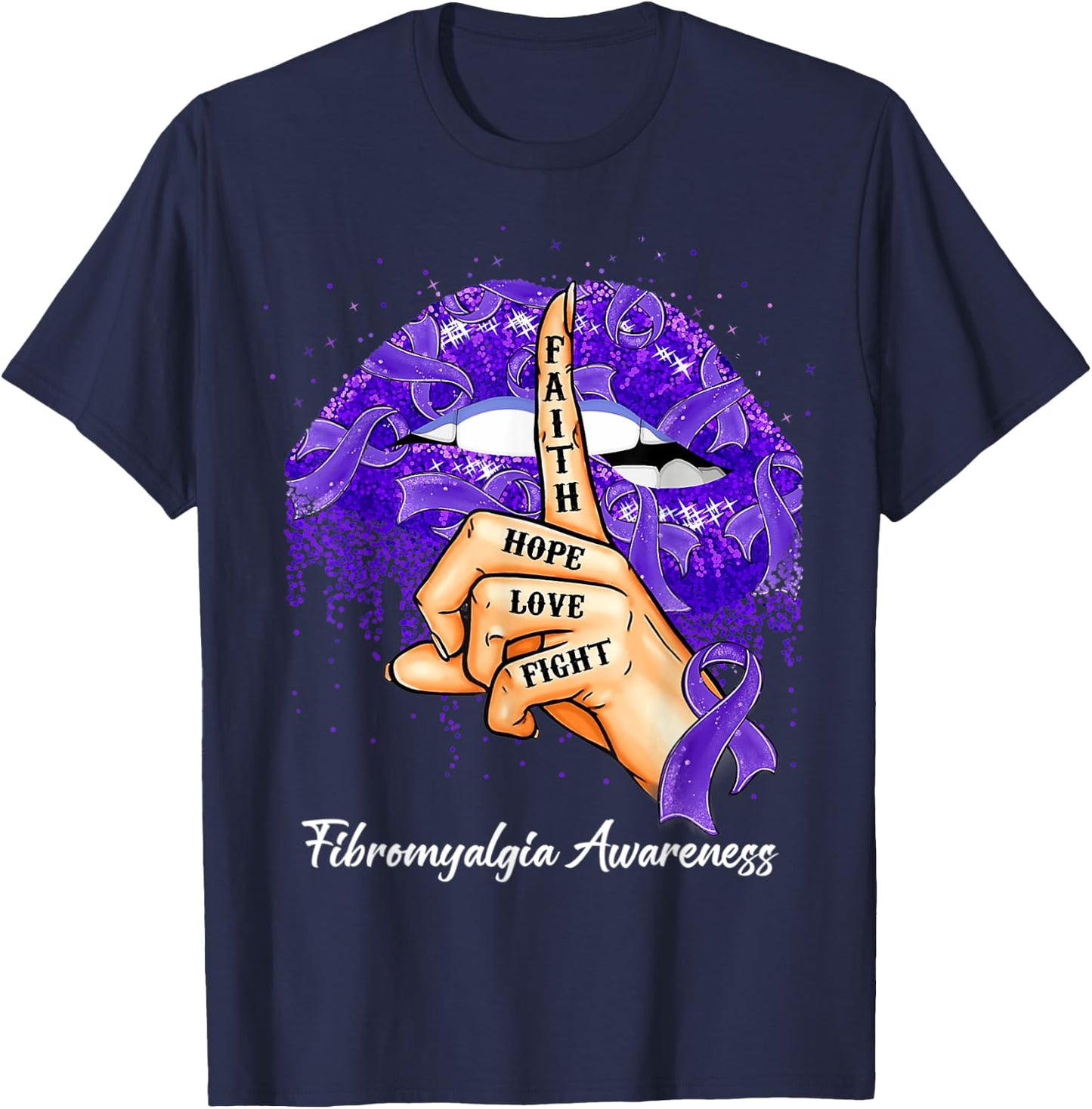 Faith Hope Love Fight Purple Ribbon Fibromyalgia Awareness T-Shirt - T-Shirt | Navy
