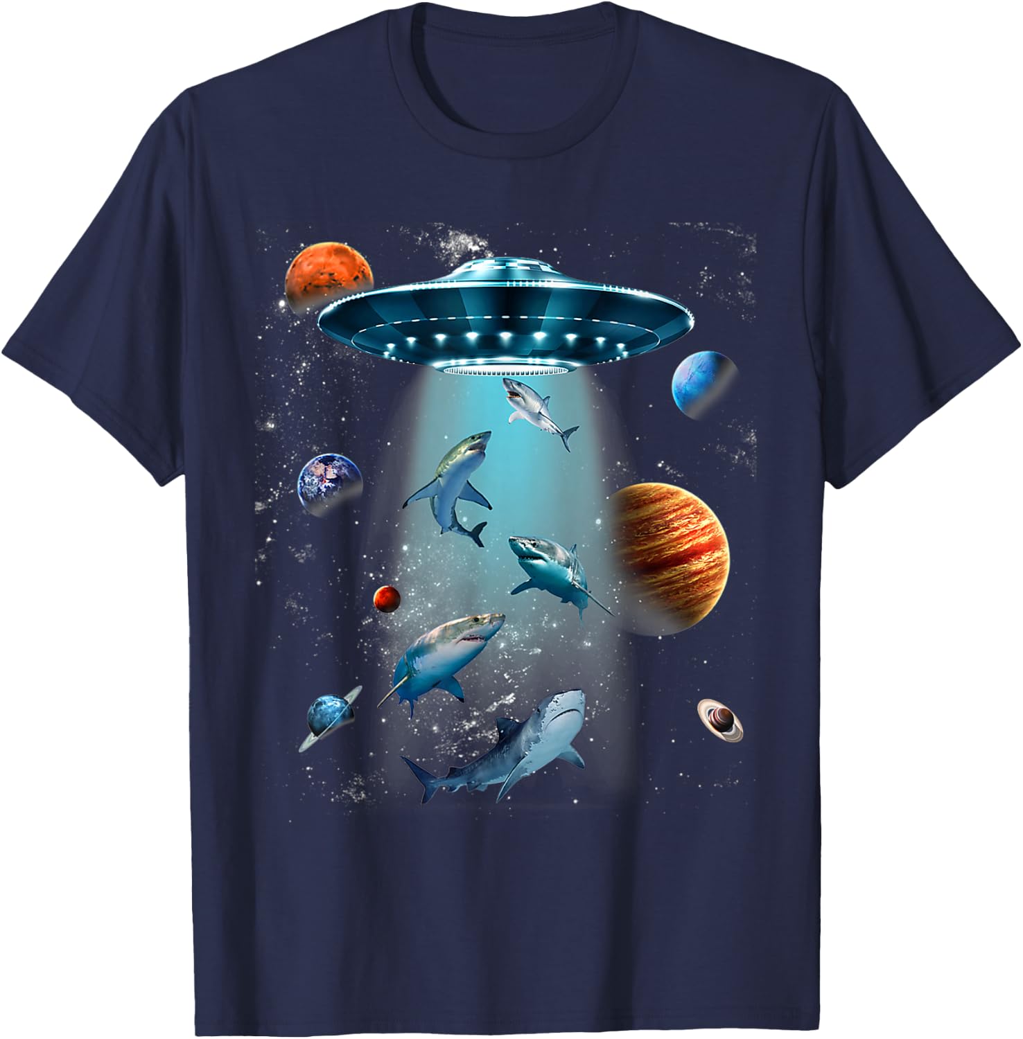 Galaxy Fish Shark Space UFO Alien Stars Sea Ocean Sharks T-Shirt - T-Shirt | Navy