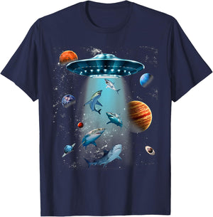 Galaxy Fish Shark Space UFO Alien Stars Sea Ocean Sharks T-Shirt - T-Shirt | Navy