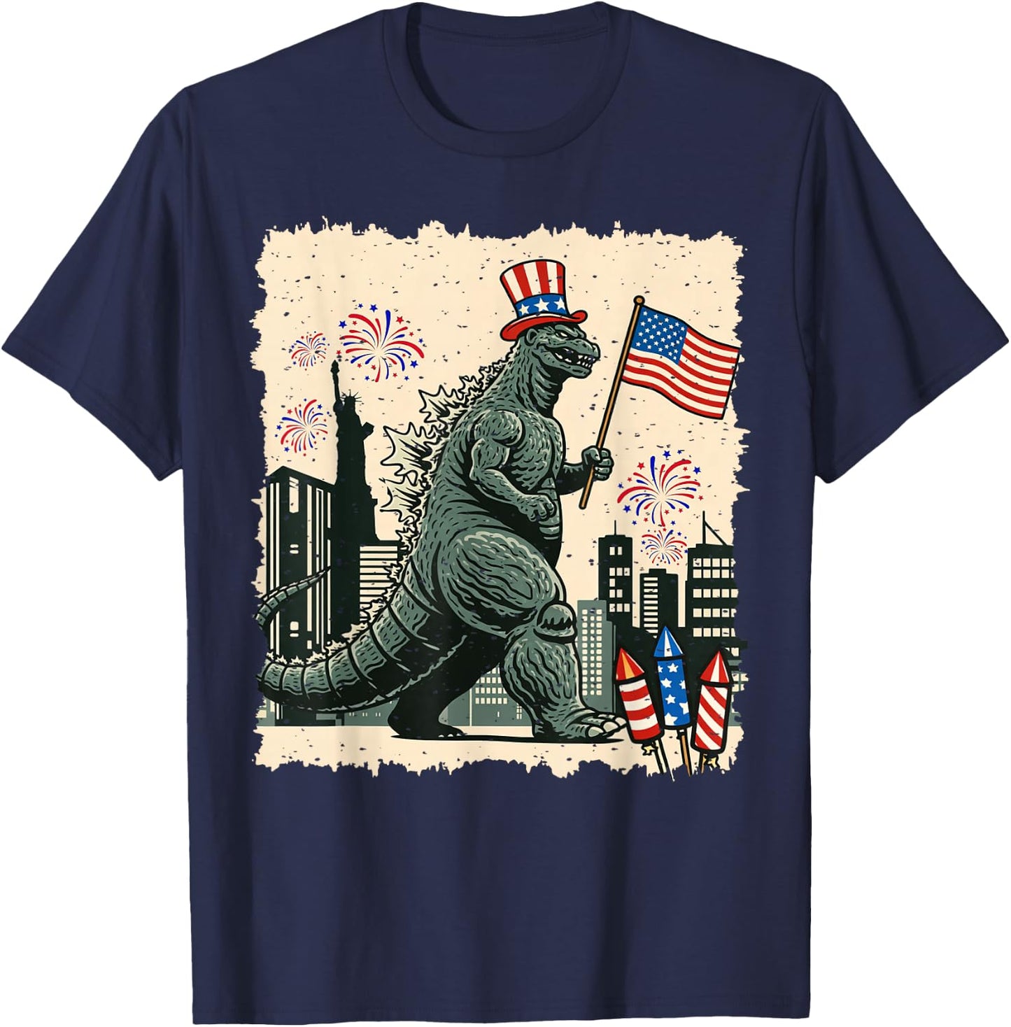 Kaiju Monster Japanese Art USA Flag Patriotic 4th of July T-Shirt - T-Shirt | Navy