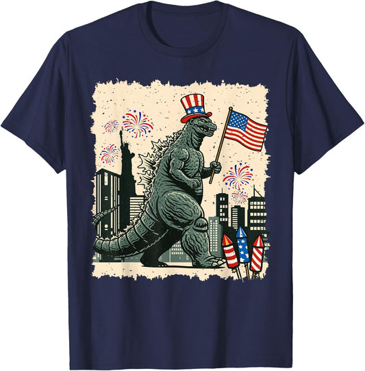 Kaiju Monster Japanese Art USA Flag Patriotic 4th of July T-Shirt - T-Shirt | Navy
