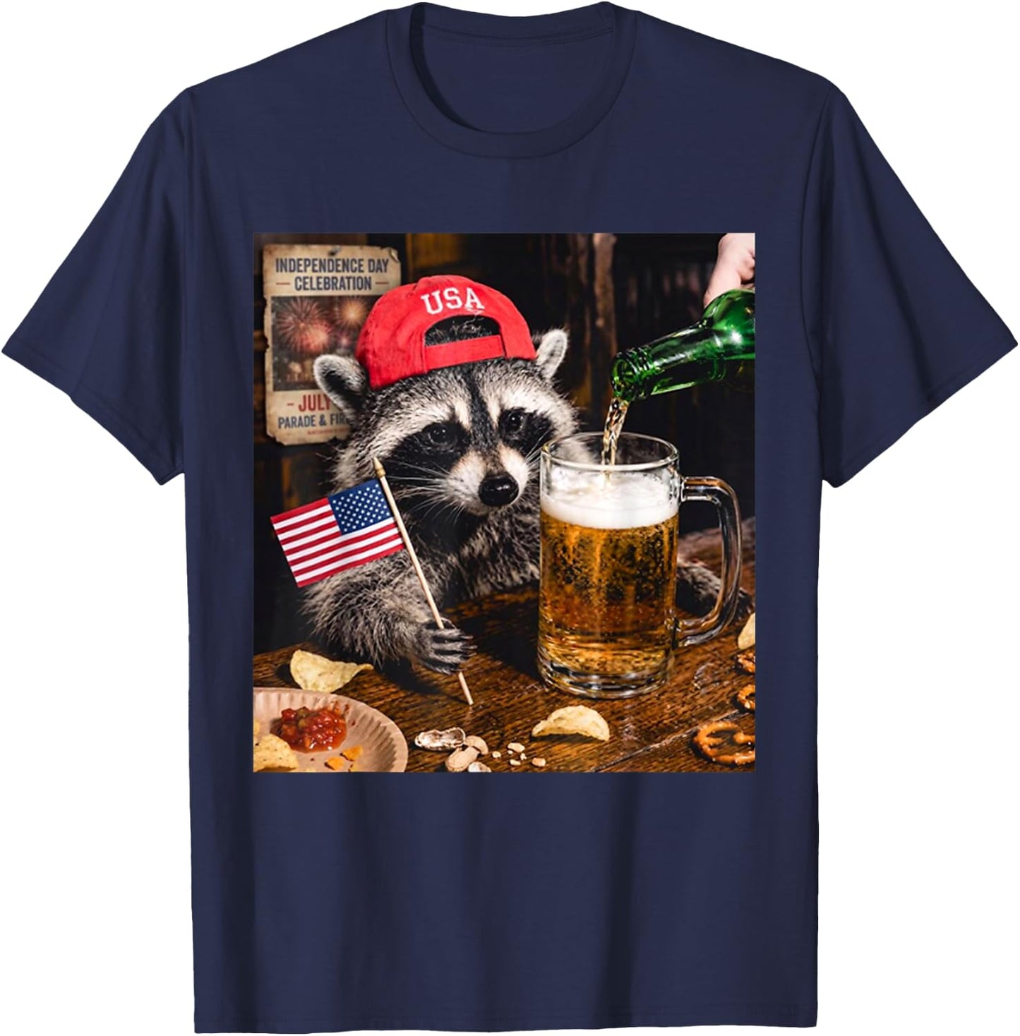 Funny Raccoon Drinking Beer Patriotic USA Flag 4th of July T-Shirt - T-Shirt | Navy