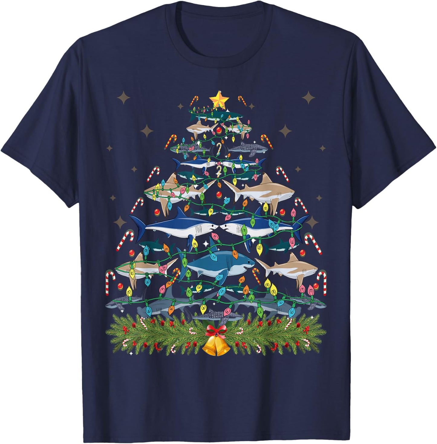 Funny Shark Christmas Tree Xmas Santa Claus Lights Gift T-Shirt - T-Shirt | Navy