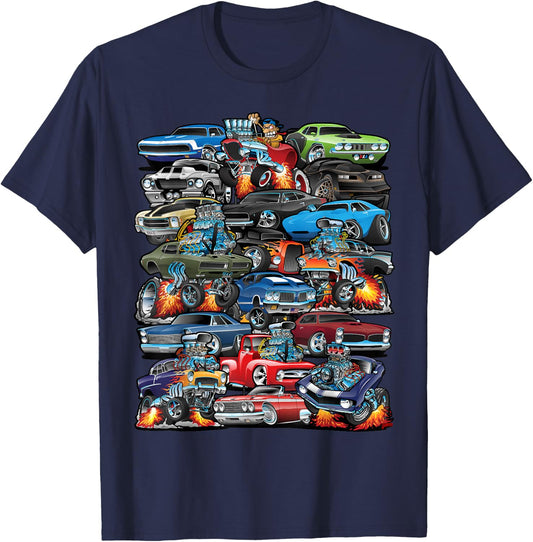 Car Madness! Muscle Cars Classic Cars and Hotrods Cartoon T-Shirt - T-Shirt | Navy