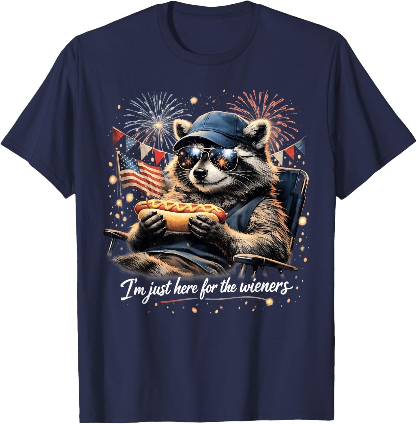 I'm Just Here for the Wieners 4th of July Raccoon Hot Dog T-Shirt - T-Shirt | Navy