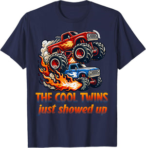 Cool Twins Just Showed Up Retro Monster Trucks Twin Boys T-Shirt - T-Shirt | Navy