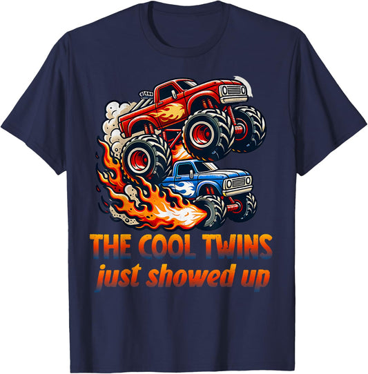 Cool Twins Just Showed Up Retro Monster Trucks Twin Boys T-Shirt - T-Shirt | Navy