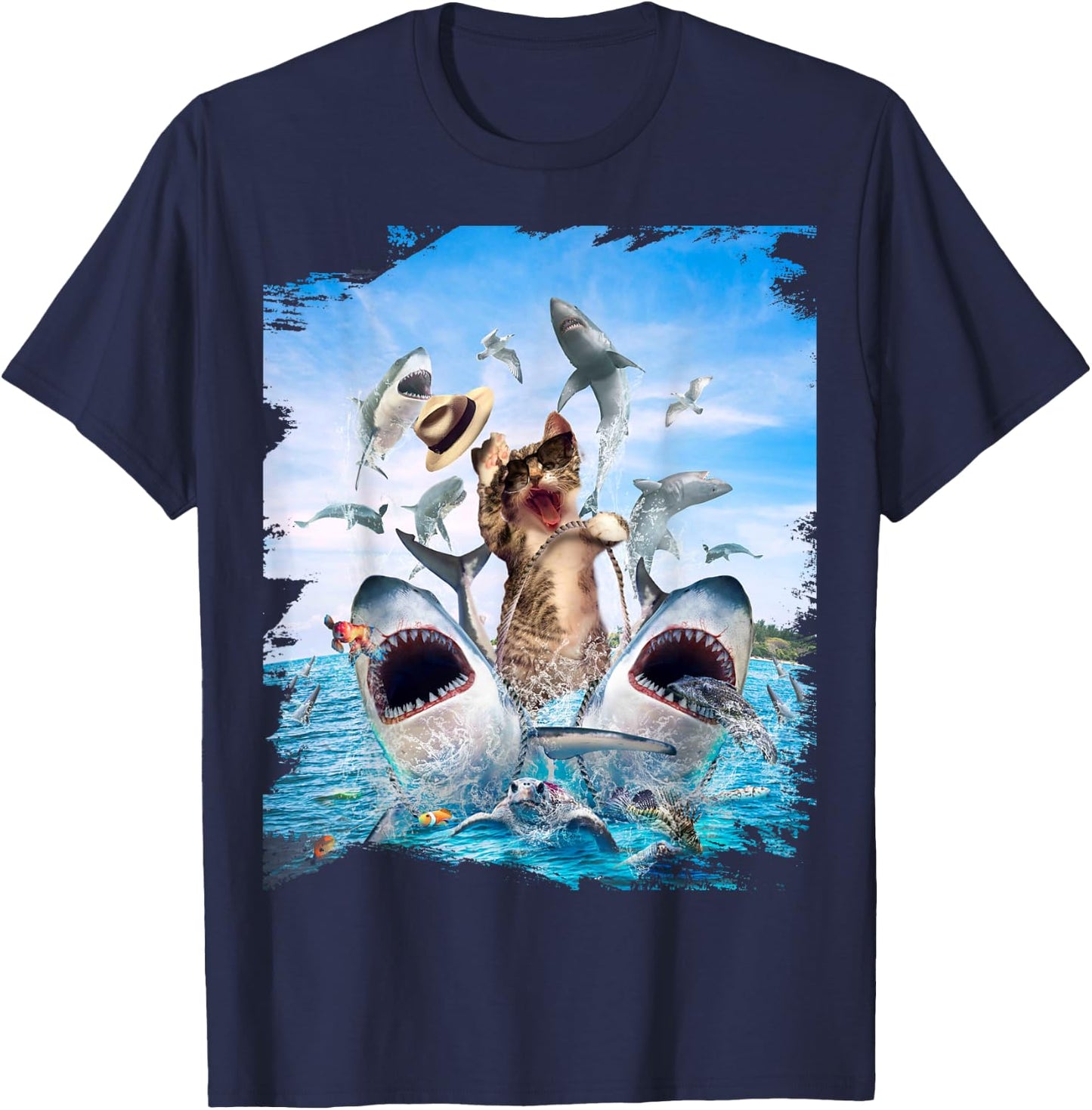 Cat Riding Shark, Beach Ocean Cats Sharks, Sunglasses Funny T-Shirt - T-Shirt | Navy
