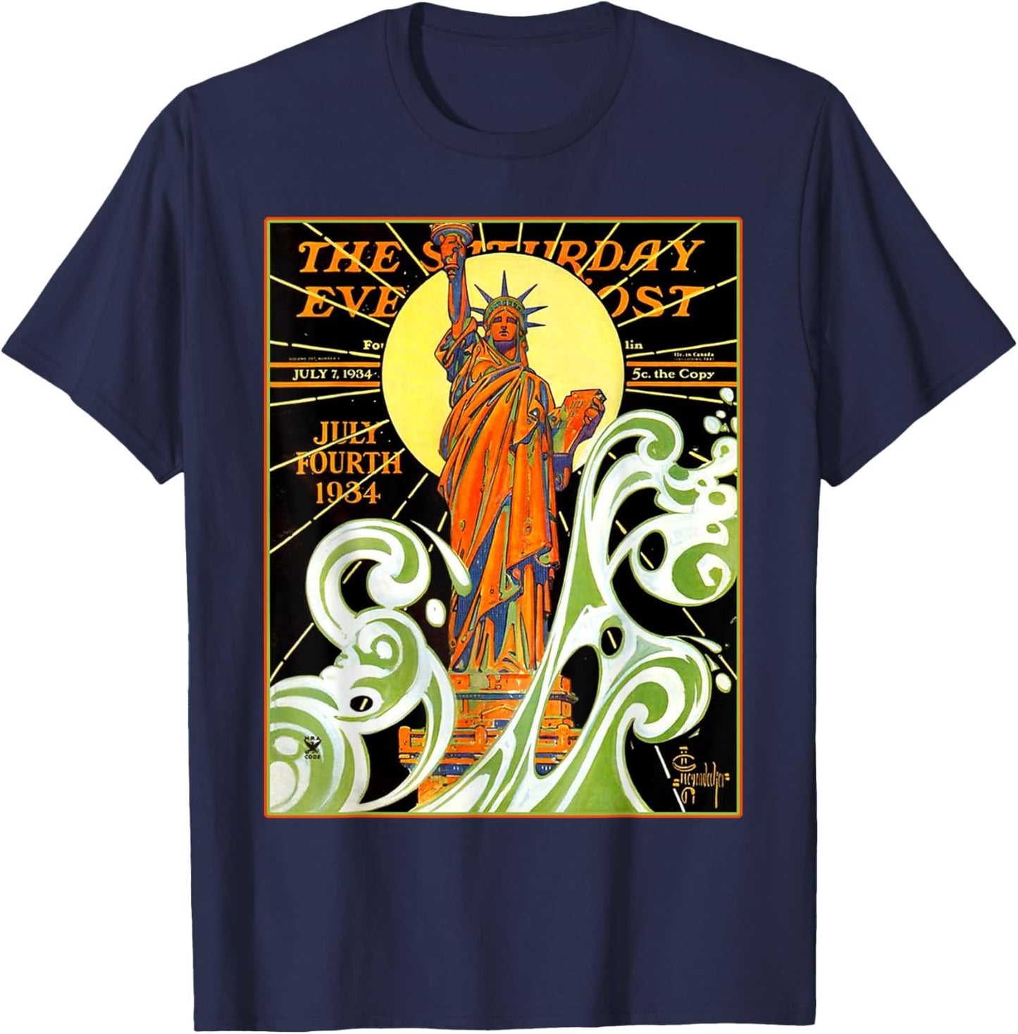 Lady Liberty Statue Of Liberty Waves NYC New York Vintage T-Shirt - T-Shirt | Navy