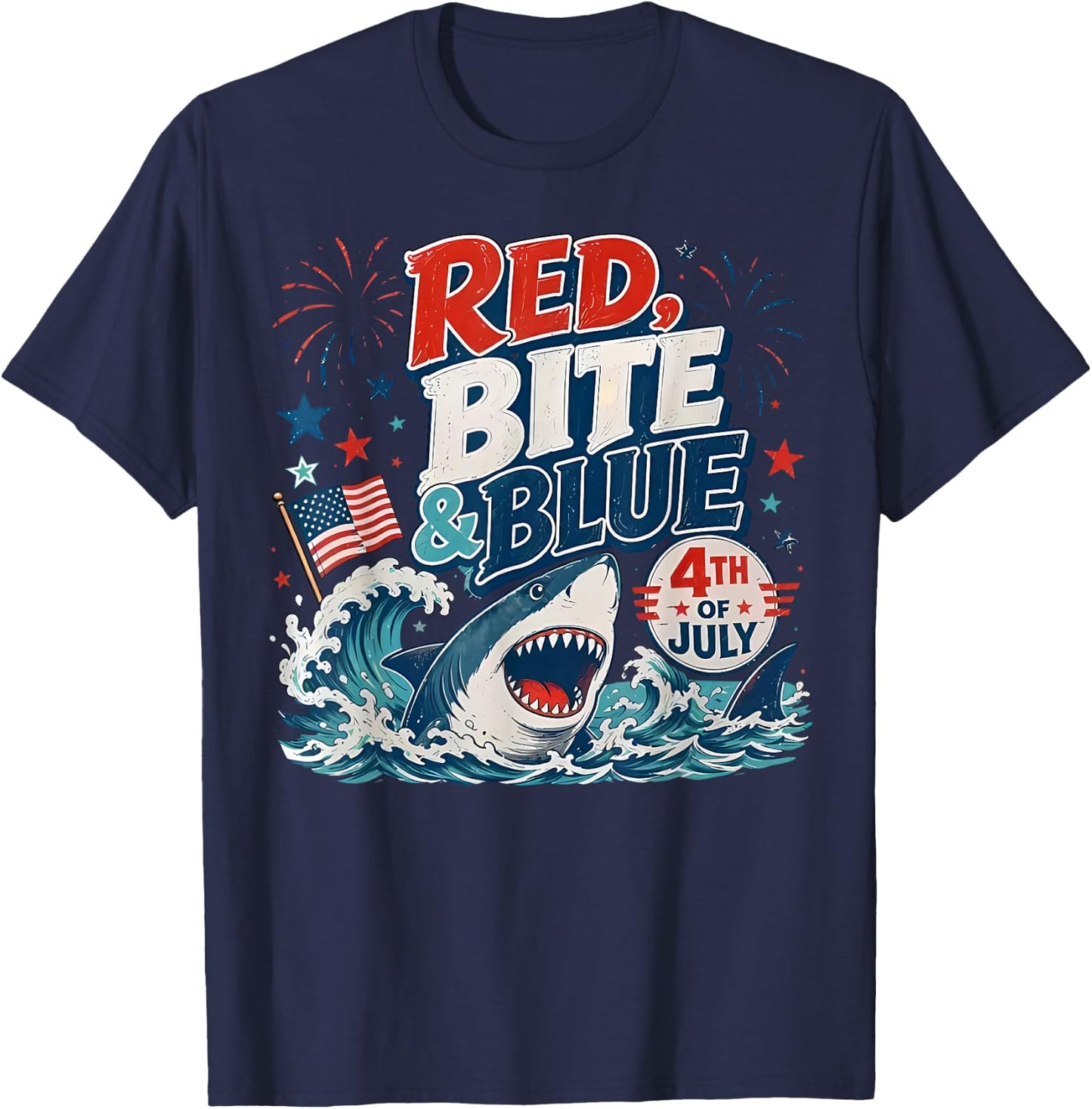 Red Bite & Blue Shark Funny 4th of July Patriotic Summer T-Shirt - T-Shirt | Navy
