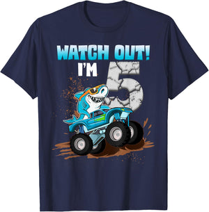 5 Years Old 5th Birthday Shark Boy Girl Monster Truck Gamer T-Shirt - T-Shirt | Navy