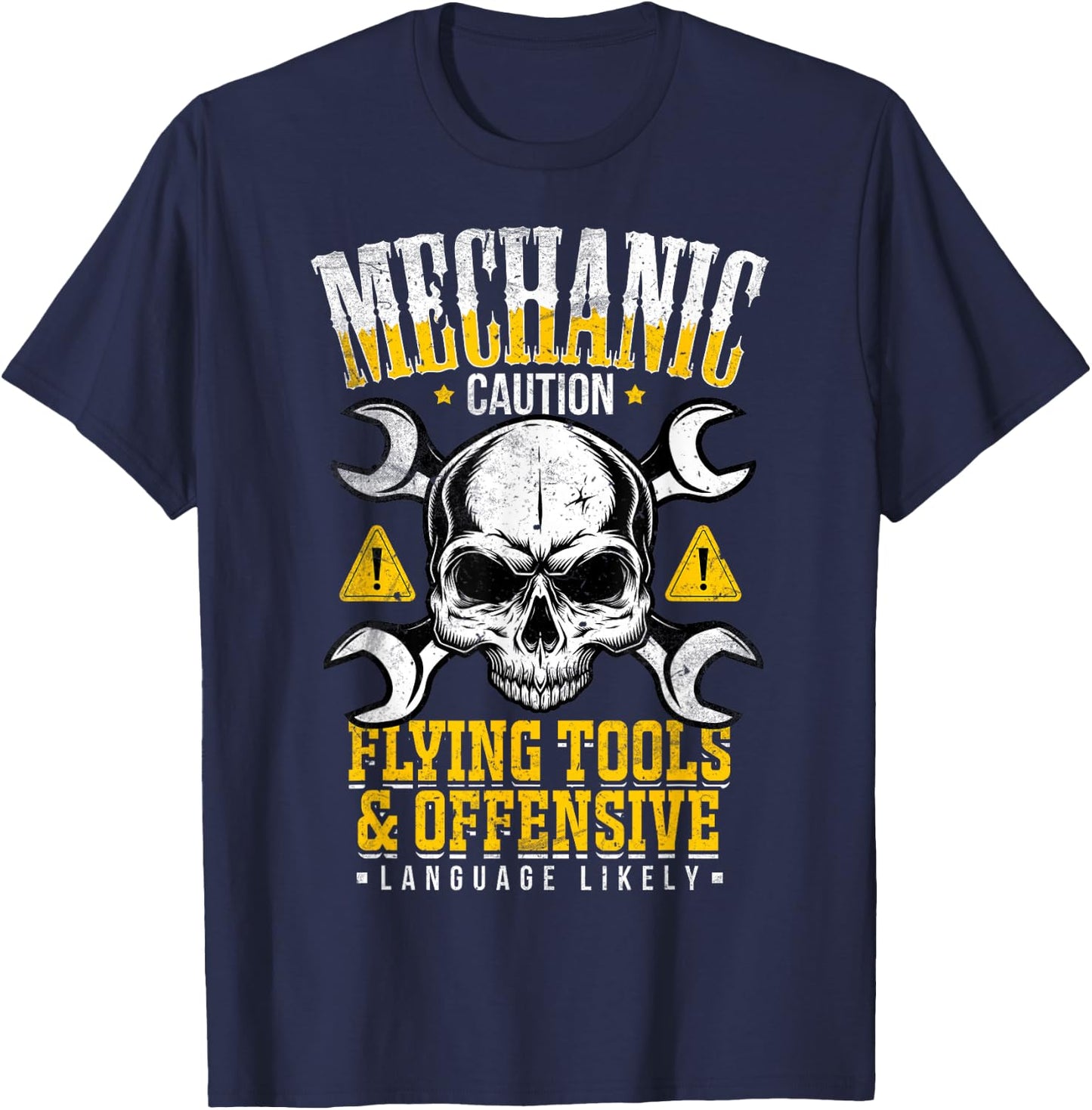 Mechanic Caution Flying Tools Car Mechanics Auto Mechanics T-Shirt - T-Shirt | Navy