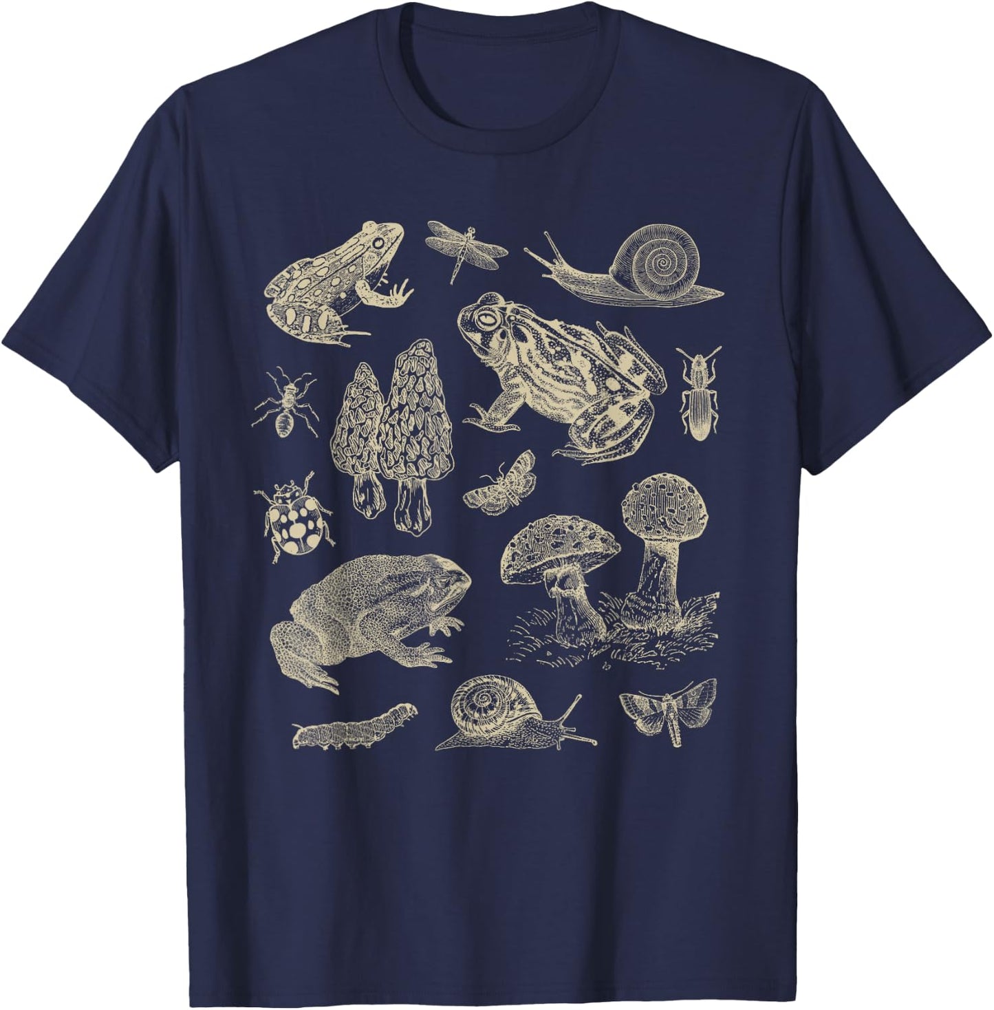 Frog Mushroom 90s Vintage Dark Academia Aesthetic Biology T-Shirt - T-Shirt | Navy