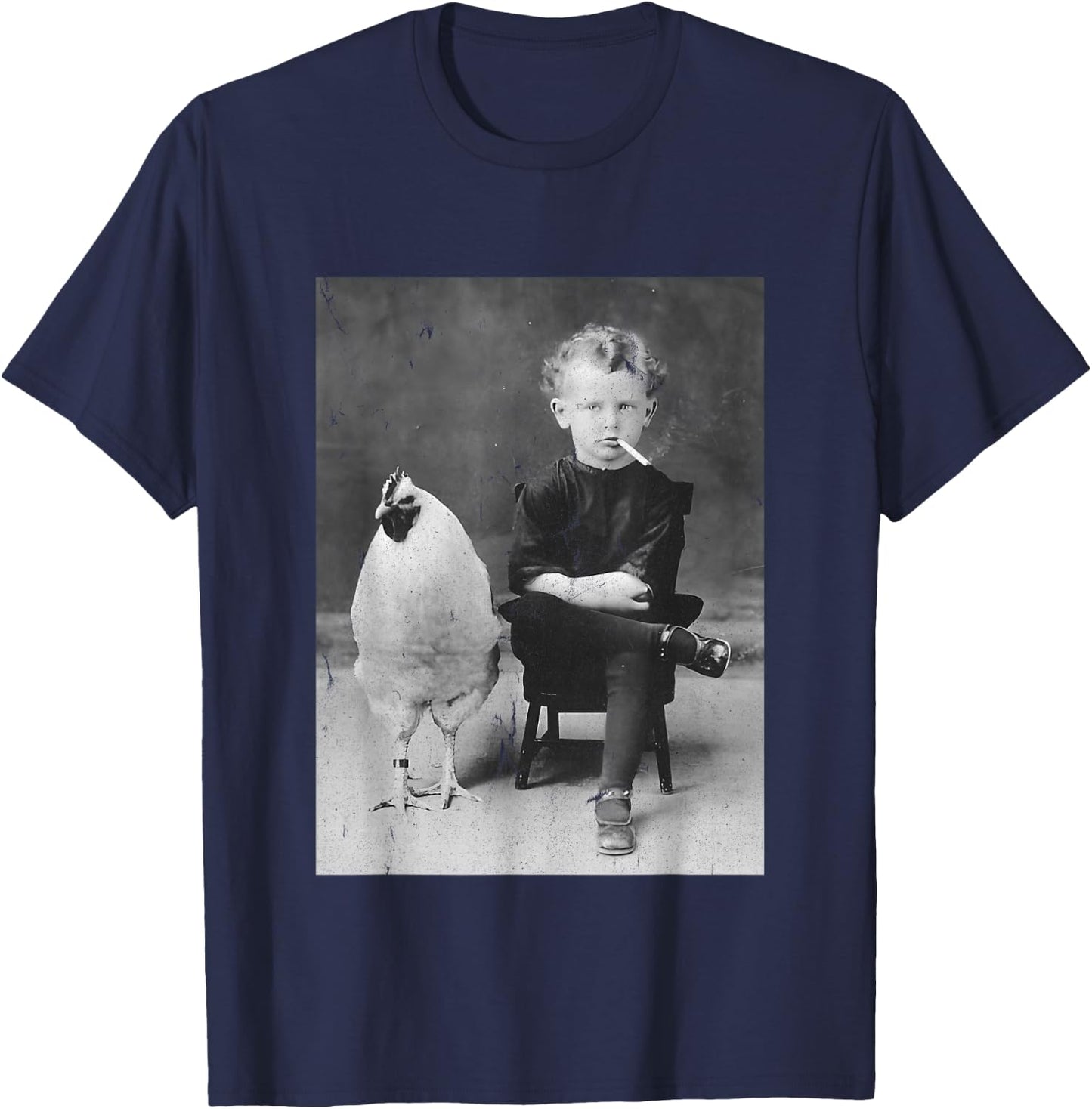 Smoking Boy With Chicken Vintage Bizarre Weird T-Shirt - T-Shirt | Navy