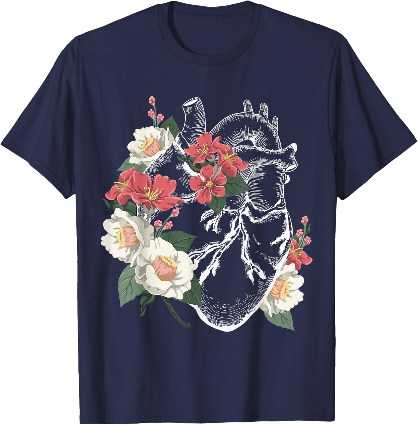 Anatomical Heart Shirt Floral Organ Cardiology Cardiac Nurse T-Shirt - T-Shirt | Navy