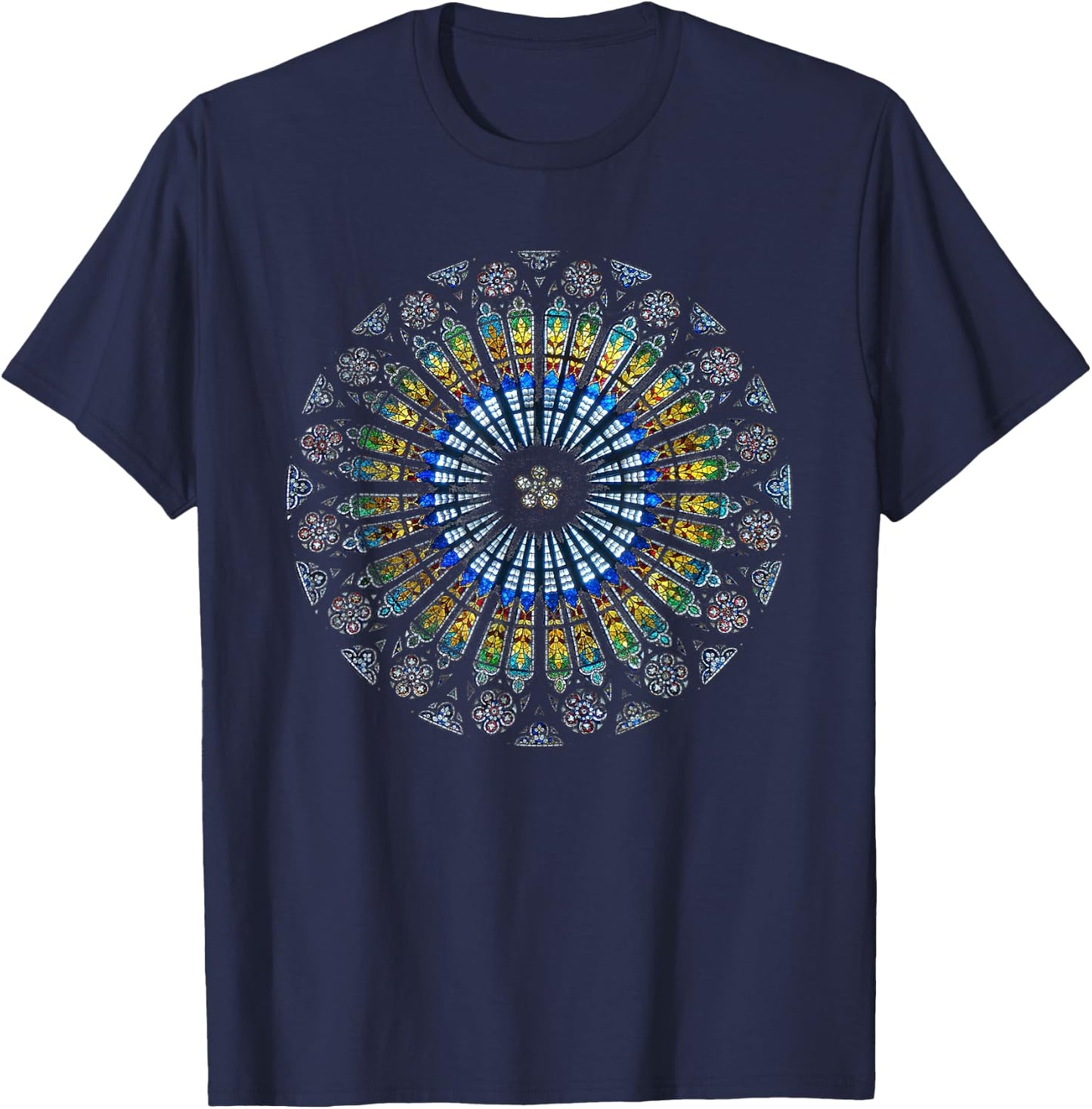 Strasbourg Cathedral France Mandala Stained Glass Window Art T-Shirt - T-Shirt | Navy