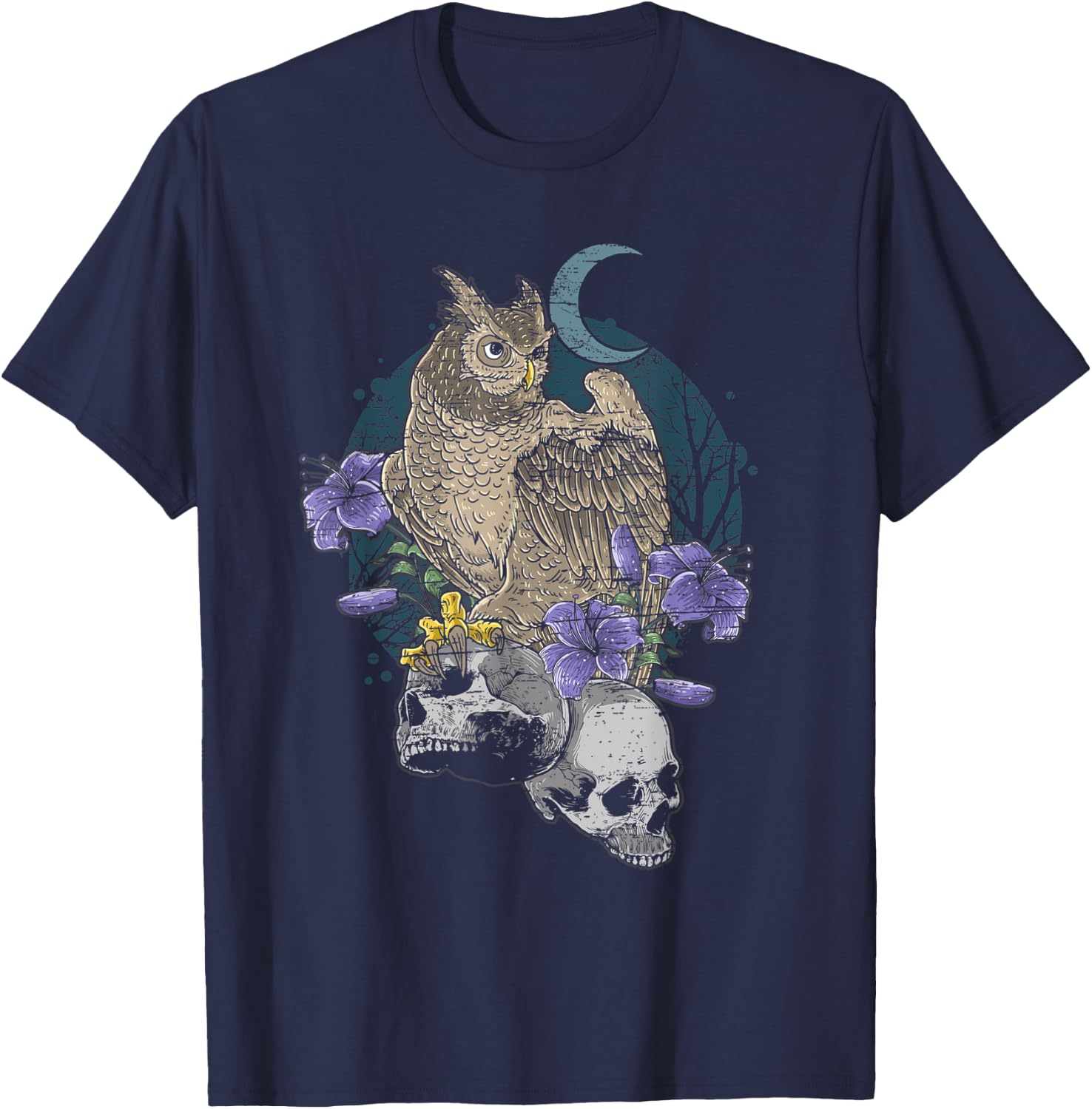 Owl on Skulls with Purple Flowers & Moon Distressed Design T-Shirt - T-Shirt | Navy